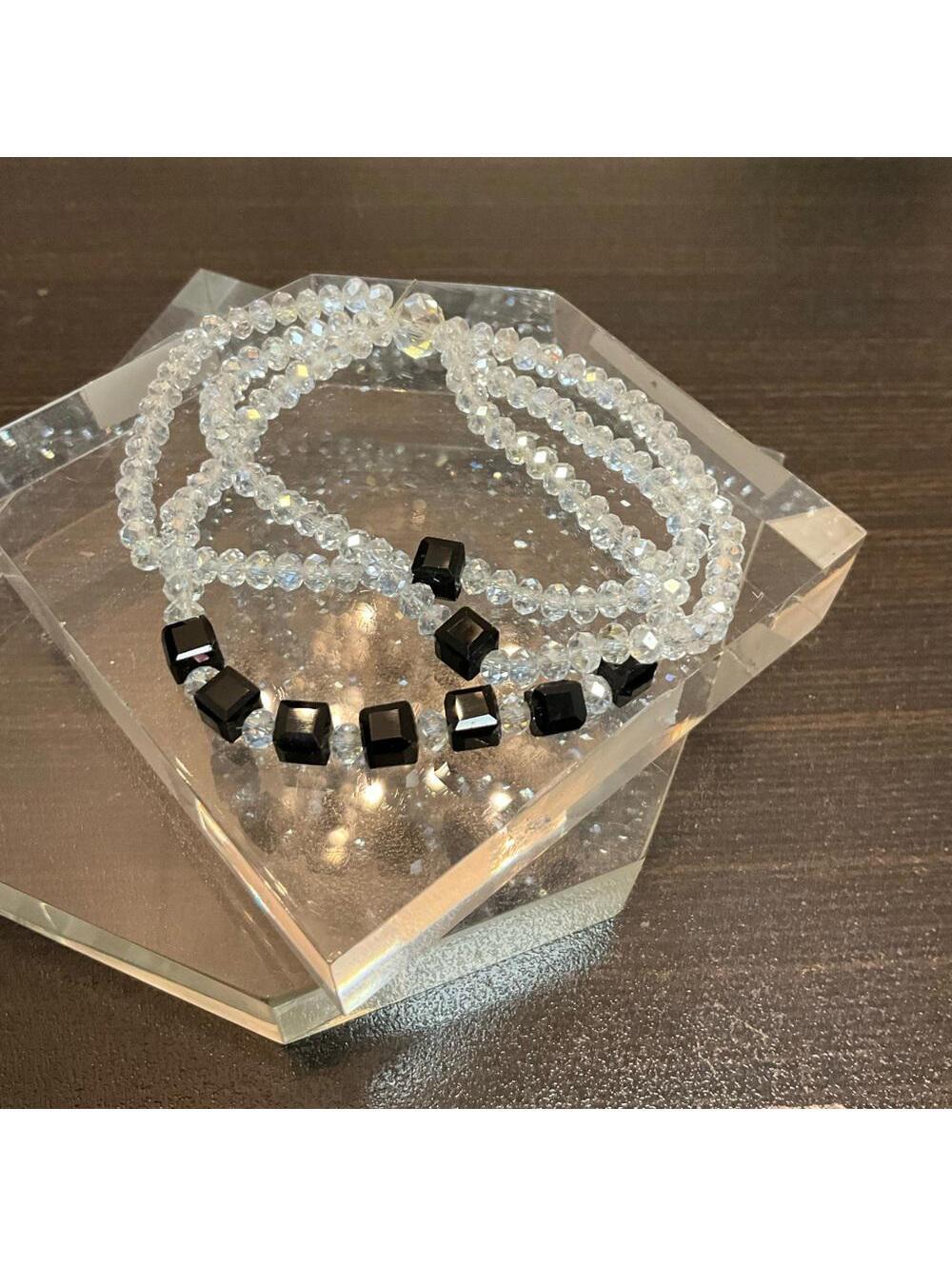 Clear Crystal and Black Onyx Beaded Bracelet Set - Women's Jewelry